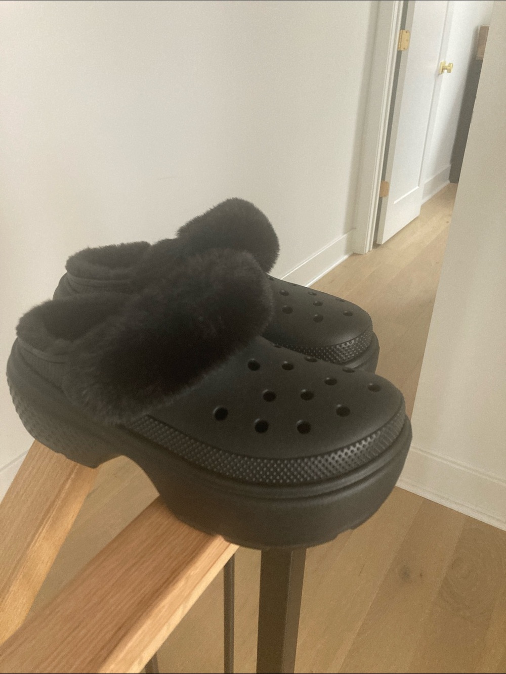 CROCS Black Fuzz-Lined Platform Clogs